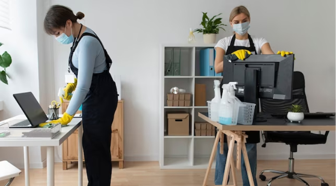 Two women wearing masked cleaning an office space with desks and computers.